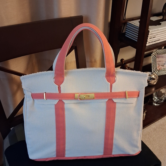 Pink Trim "Boatkin" Canvas Tote & Functioning Mini Bag Charm - Picture 2 of 9